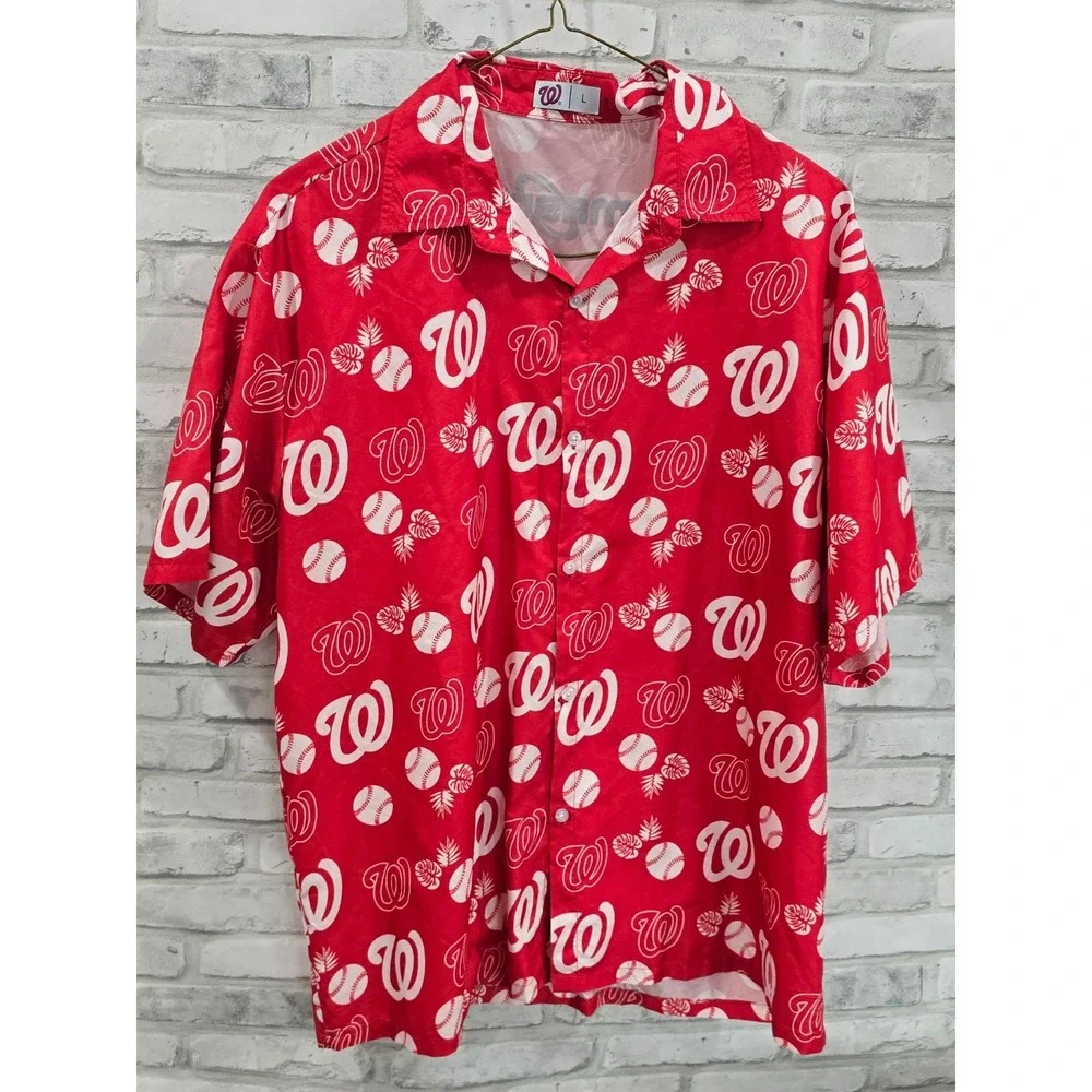 WASHINGTON NATIONALS Button Up Hawaiian Shirt Red White MASN SGA‎ Adult Size L